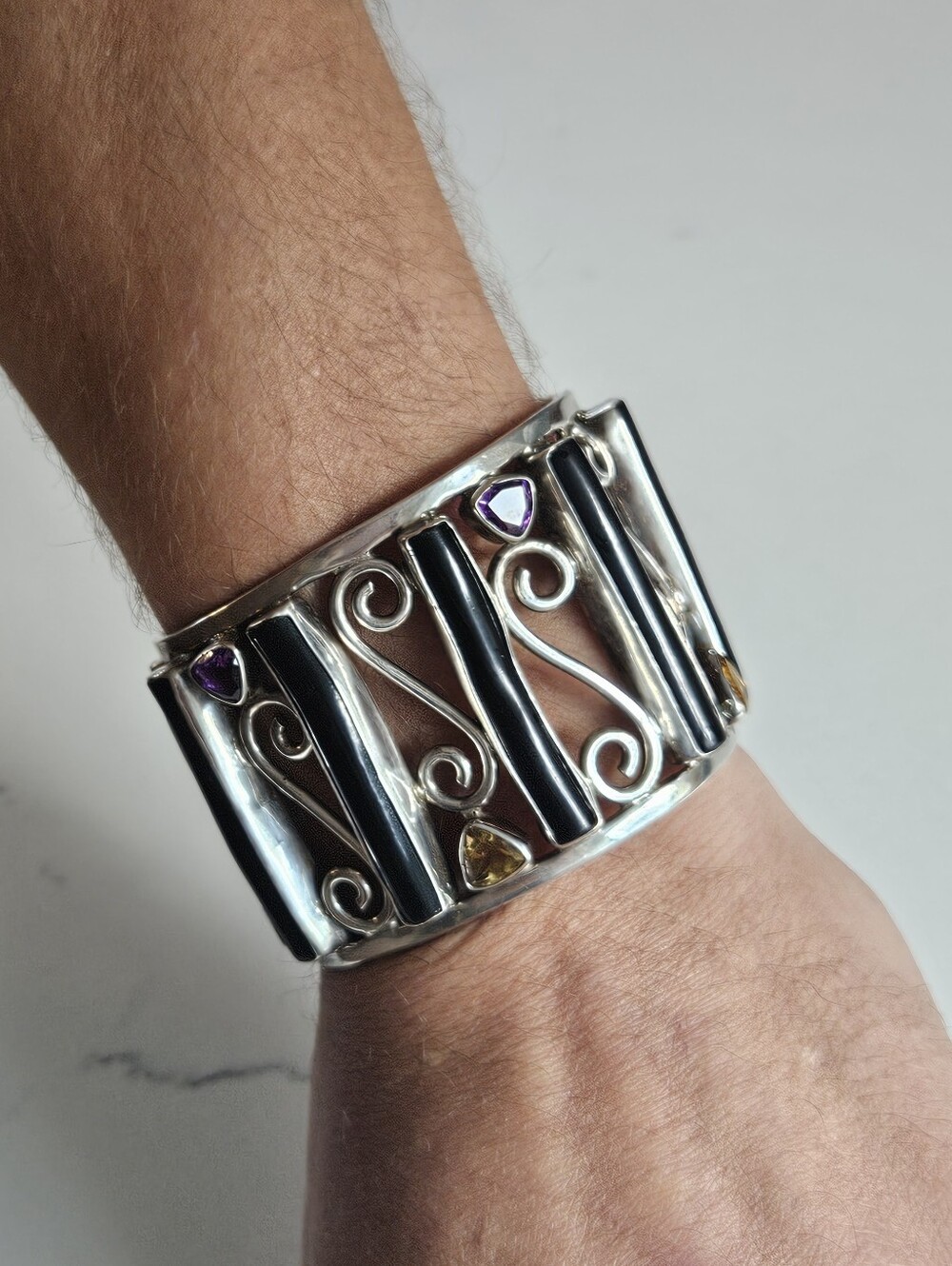 Charles Albert Fine Sterling Silver Black Coral Amethyst Citrine Cuff Bracelet